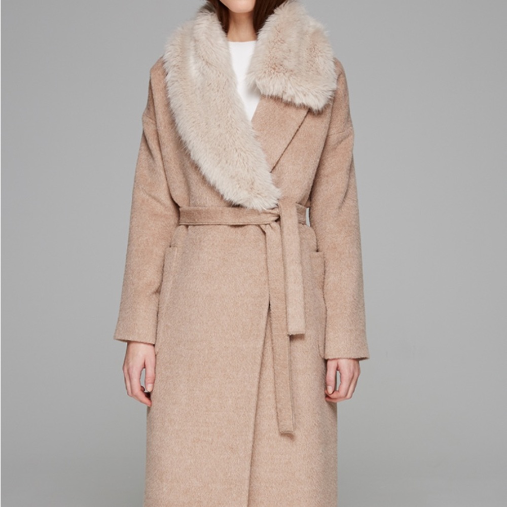 Sosken studios designer alpaca and wool coat with detachable faux fur collar